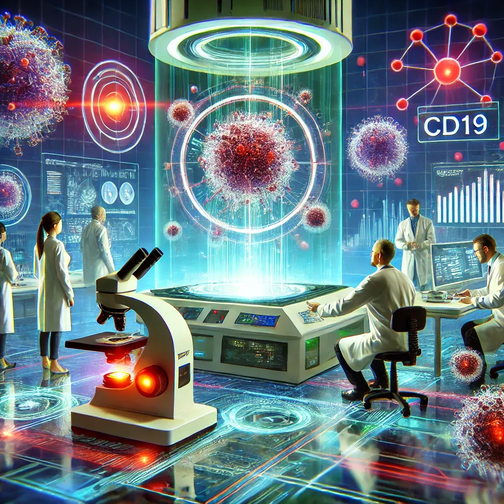 Dall·e 2024 07 15 00.54.48 A Futuristic Laboratory Setting Where Scientists Are Working With High Tech Equipment And T Cells. The Focal Point Is A Group Of Scientists In White L